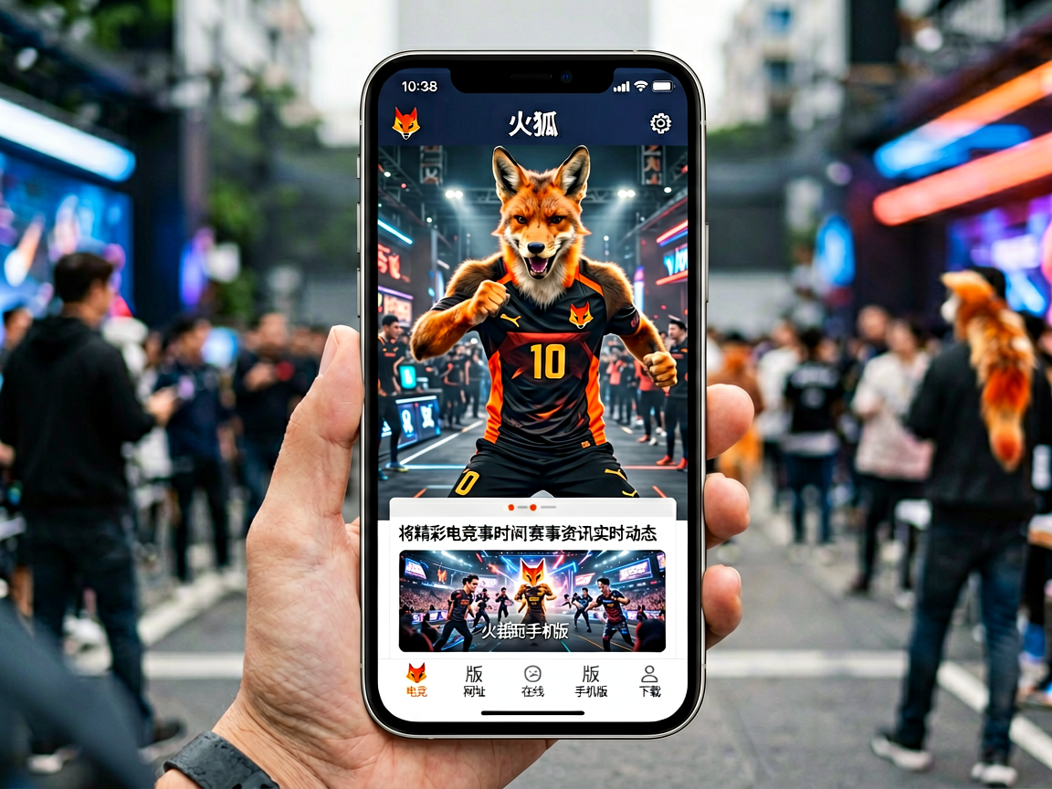 火狐电竞手机版APP界面展示，手机屏幕呈现电竞赛事内容